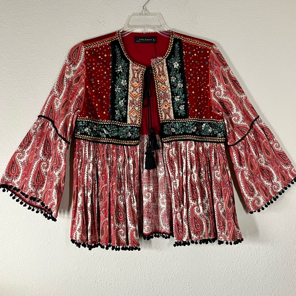 ZARA Paisley Velvet Embellished Boho Topper Jacket L Bell Sleeve Boho Maximalist - Picture 16 of 16